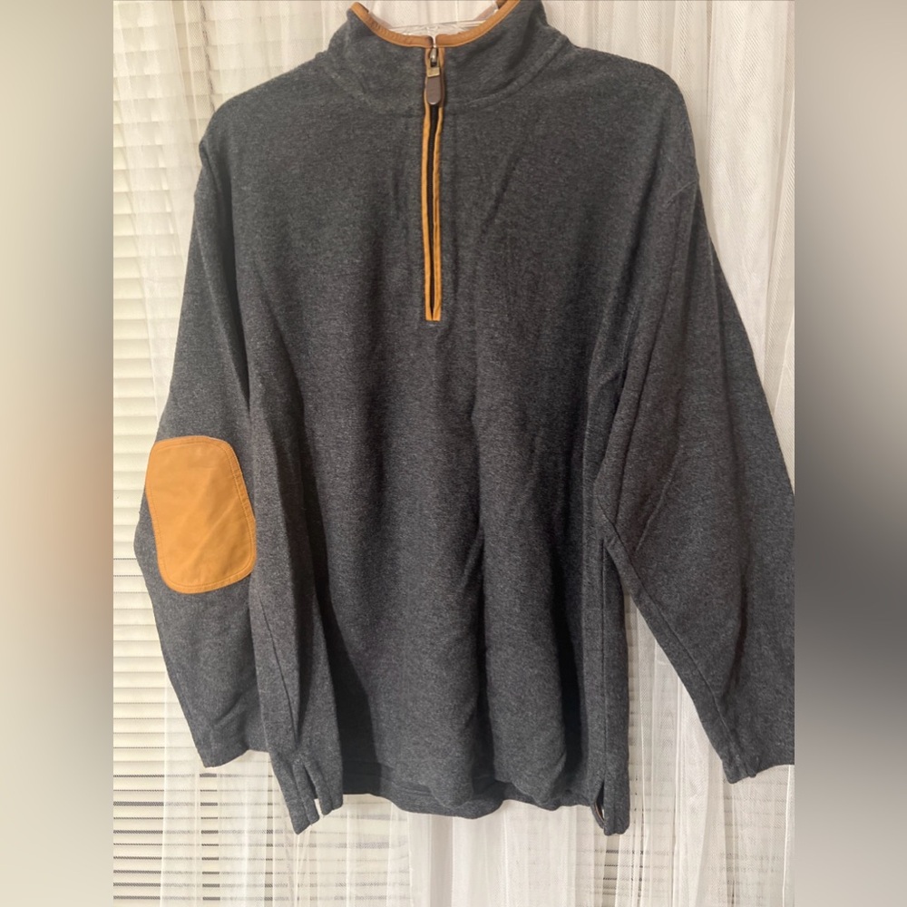 Orvis 1/4 Zip Leather Elbow Patches & Trim Heathered Gray Cotton Sweater L D11